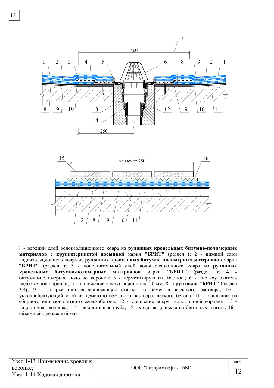 Узлы 1-13 и 1-14: примыкание кровли к воронке; ходовая дорожка — неутеплённая кровля по ж/б основанию, узлы Брит