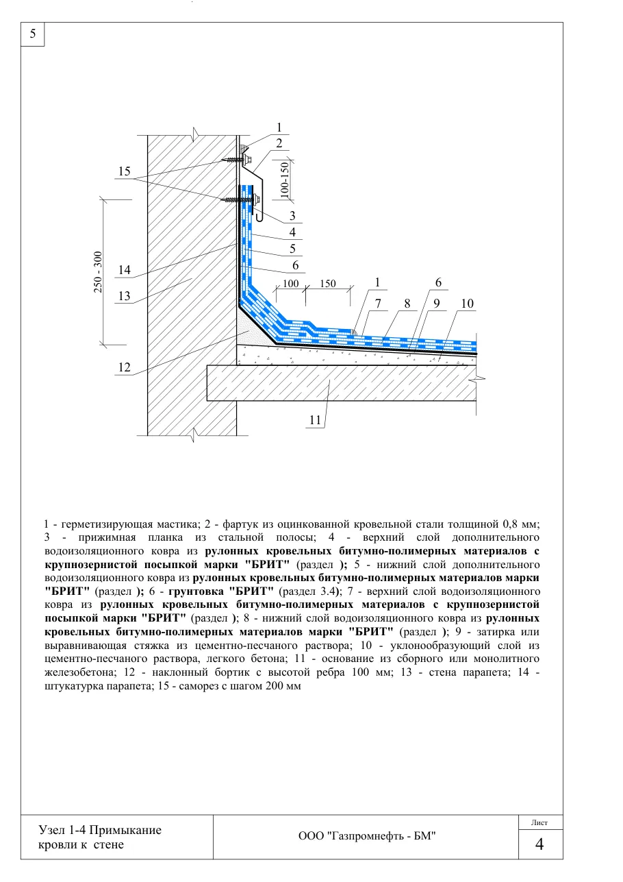 Узел 1-4: примыкание кровли к стене — неутеплённая кровля по ж/б основанию, узлы Брит
