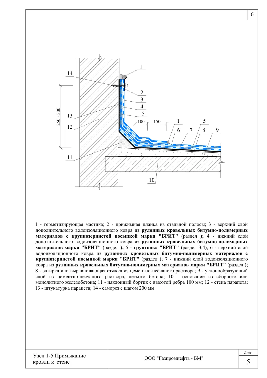 Узел 1-5: примыкание кровли к стене — неутеплённая кровля по ж/б основанию, узлы Брит