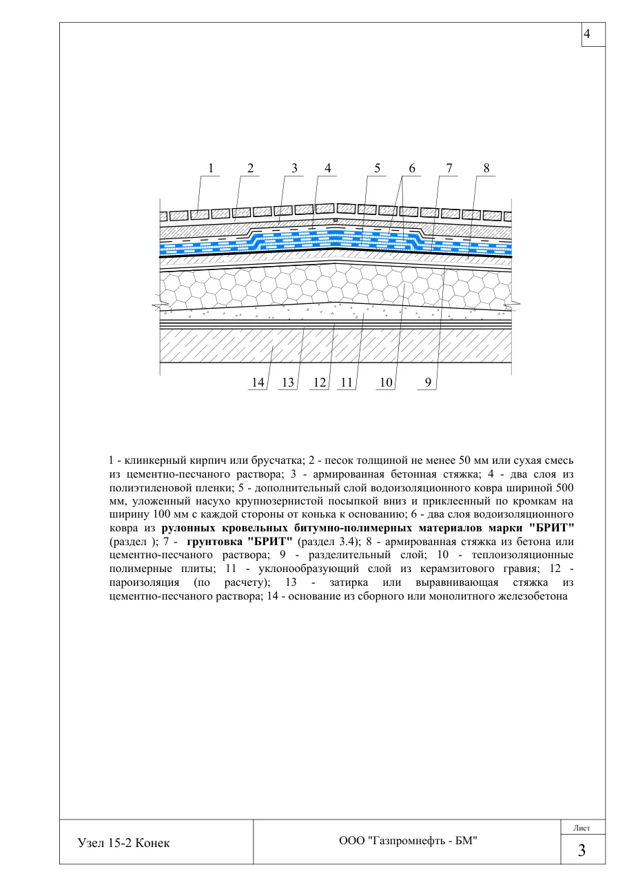 Узел 15-2: конек — эксплуатируемая кровля с брусчаткой, узлы Брит