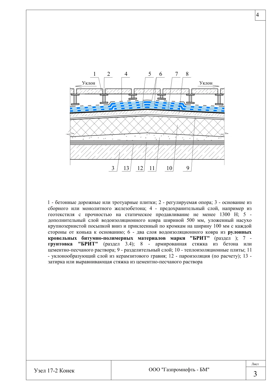 Узел 17-2: конек — эксплуатируемая кровля с тротуарной плиткой, узлы Брит