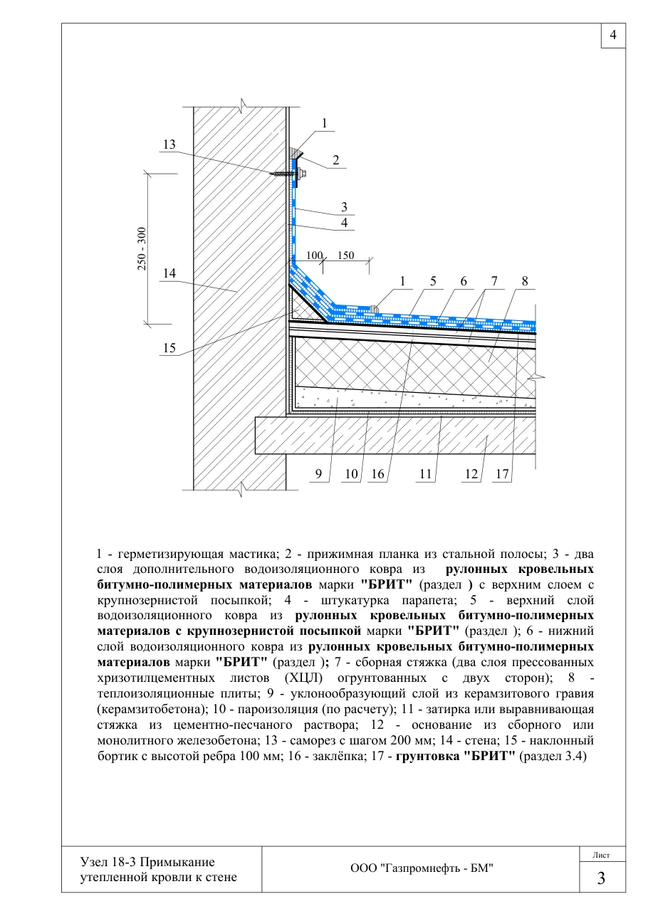 Узел 18-3: примыкание утепленной кровли к стене — примыкание кровли к стене краевым профилем, узлы Брит