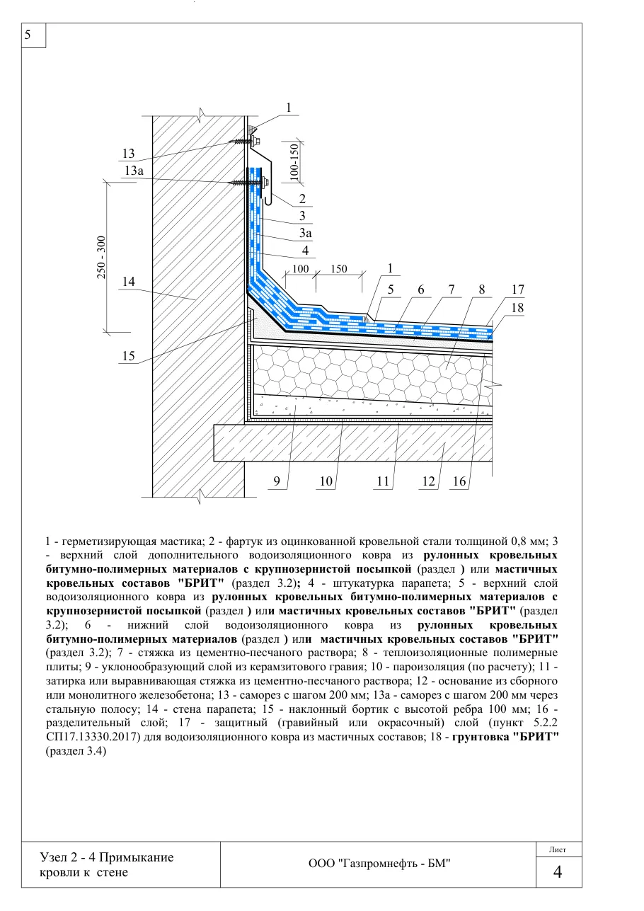 Узел 2-4: примыкание кровли к стене — кровля по ж/б, полимерные плиты, керамзит, ЦПР, узлы Брит