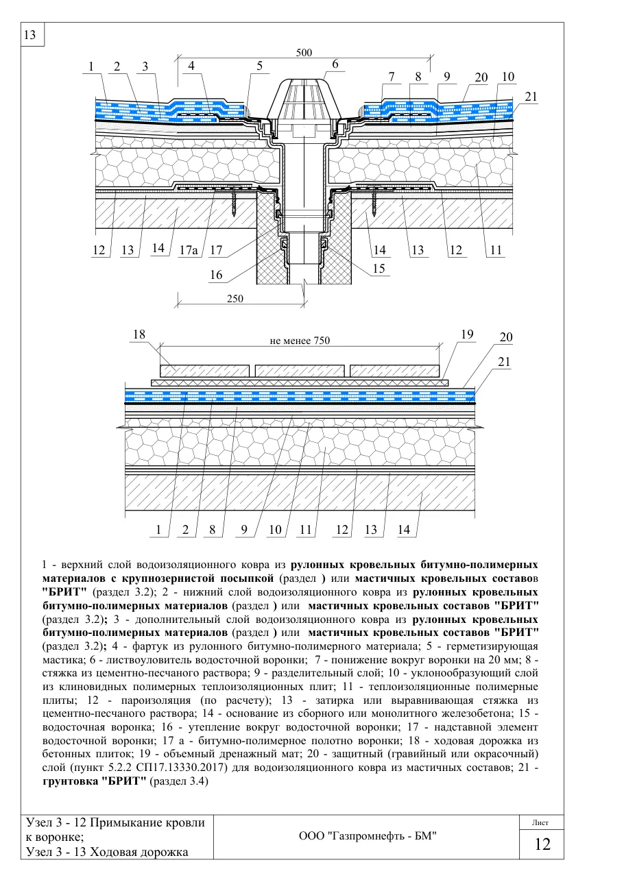 Узлы 3-12 и 3-13: примыкание кровли к воронке; ходовая дорожка — кровля по ж/б, полимерные плиты, клиновой уклон, ЦПР, узлы Брит