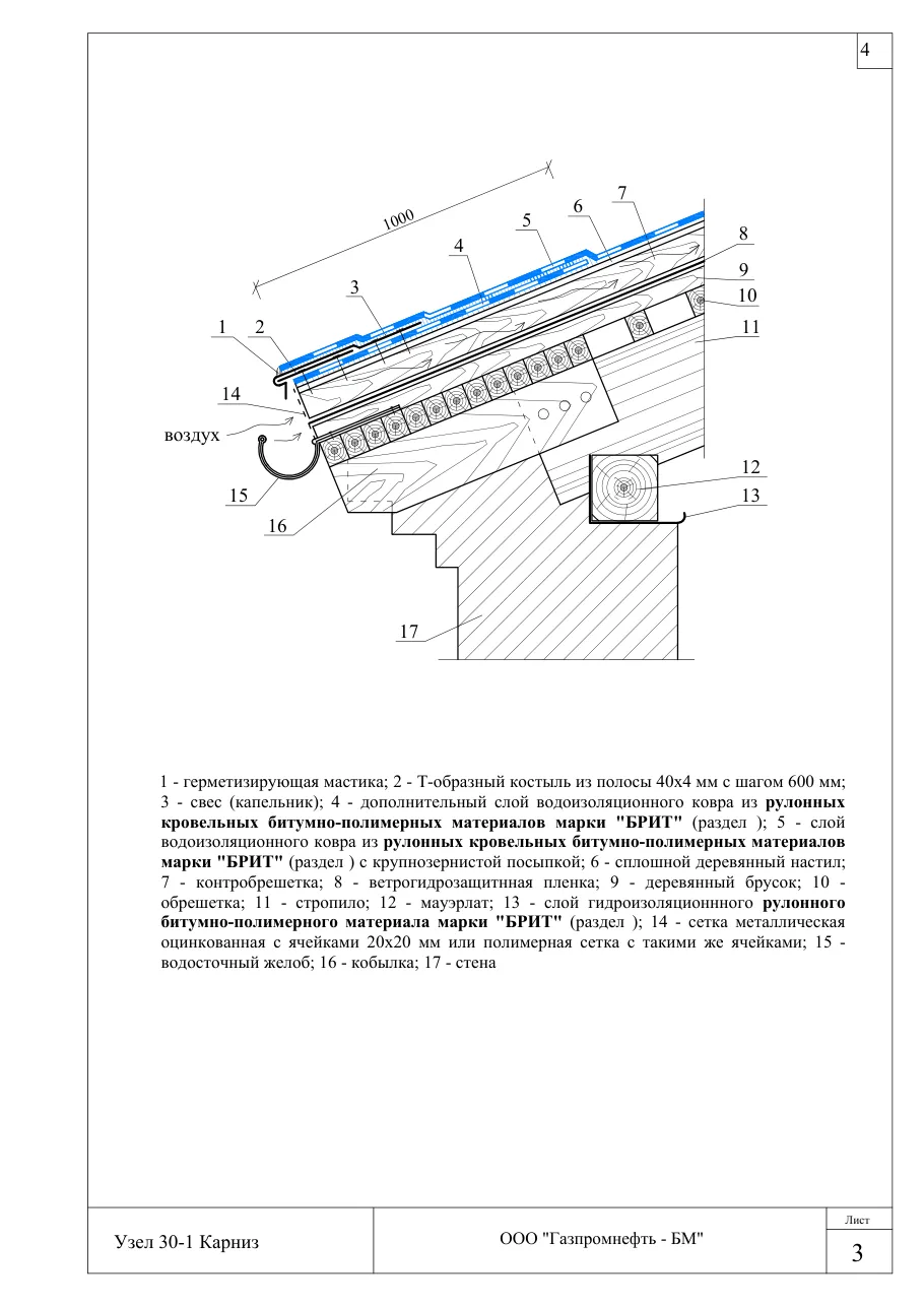 Узел 30-1: карниз — скатная кровля с битумно-полимерным ковром, узлы Брит