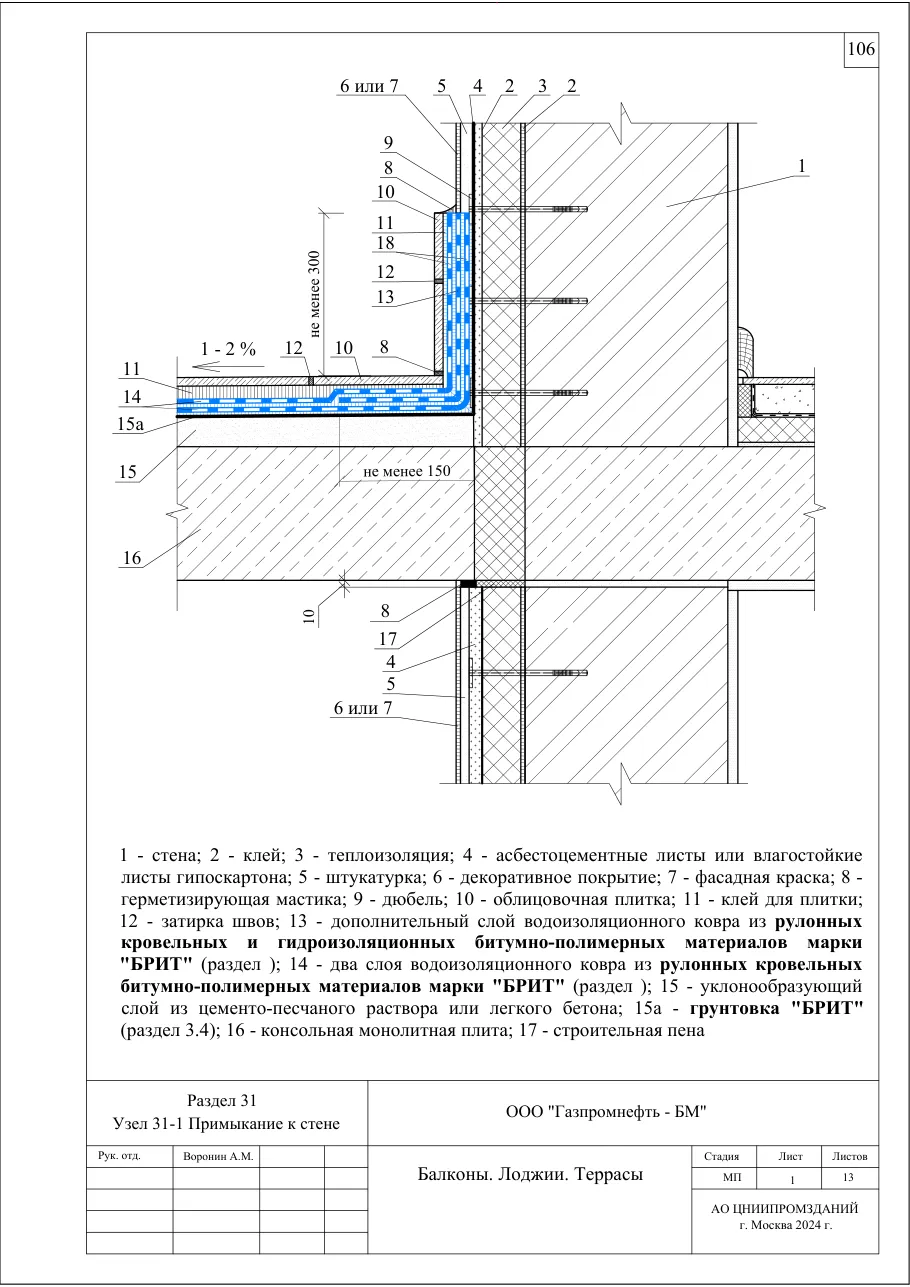 Узел 31-1: примыкание к стене — гидроизоляция балконов, лоджий и террас, узлы Брит