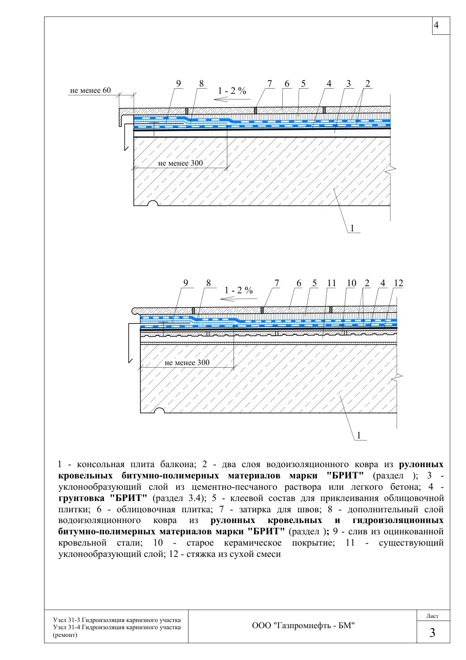 Узлы 31-3 и 31-4: гидроизоляция карнизного участка; гидроизоляция карнизного участка (ремонт) — гидроизоляция балконов, лоджий и террас, узлы Брит