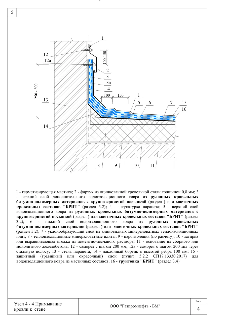 Узел 4-4: примыкание кровли к стене — кровля по ж/б, минвата, клиновой уклон, без стяжки, узлы Брит