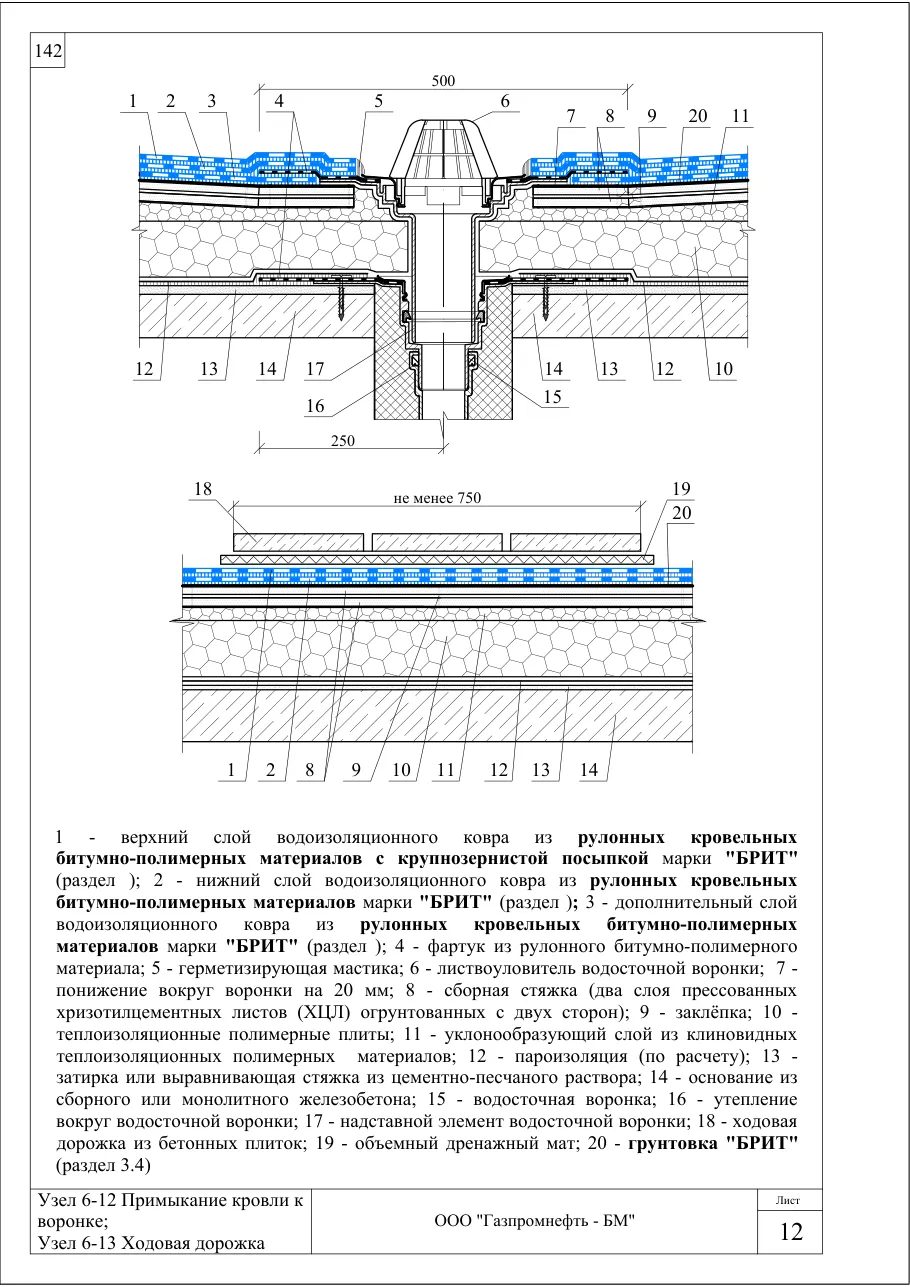 Узлы 6-12 и 6-13: примыкание кровли к воронке; ходовая дорожка — кровля по ж/б, полимерные плиты, клиновой уклон, ХЦЛ, узлы Брит