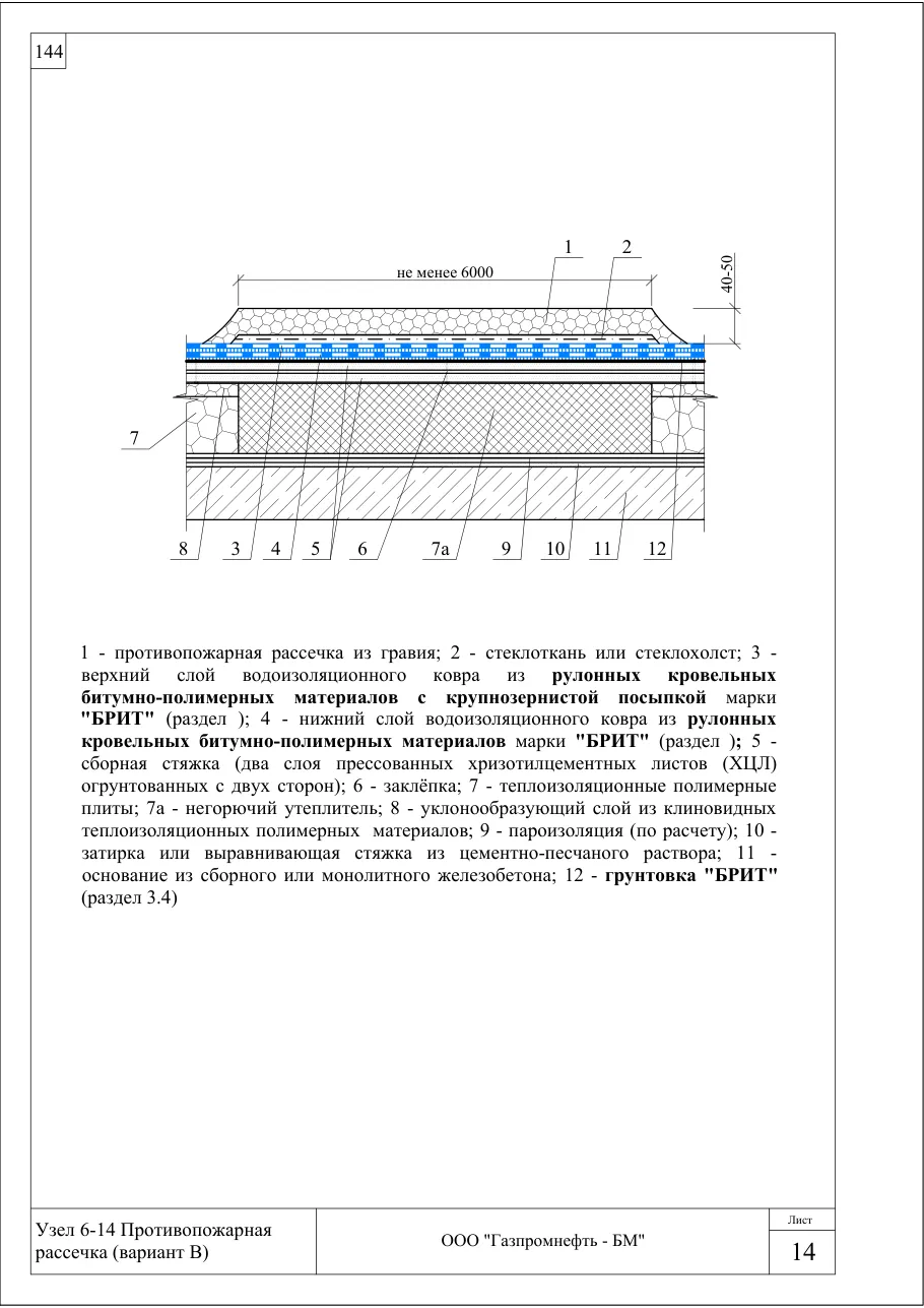 Узел 6-14: противопожарная рассечка (вариант В) — кровля по ж/б, полимерные плиты, клиновой уклон, ХЦЛ, узлы Брит