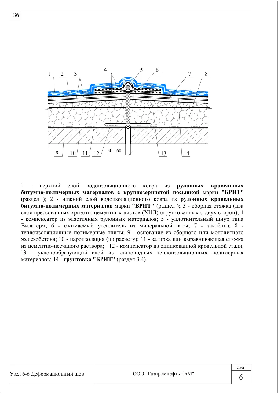 Узел 6-6: деформационный шов — кровля по ж/б, полимерные плиты, клиновой уклон, ХЦЛ, узлы Брит