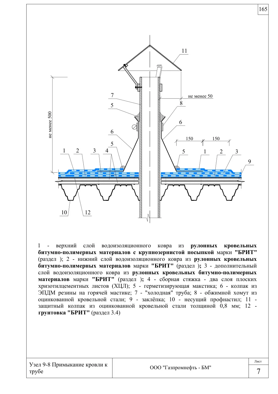 Узел 9-8: примыкание кровли к трубе — неутеплённая кровля по профнастилу, стяжка ХЦЛ, узлы Брит